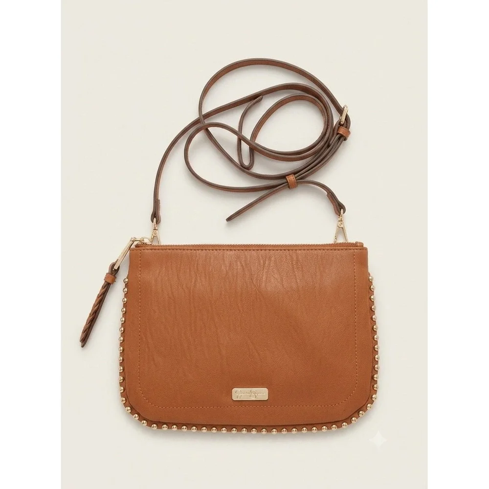 Jessica Simpson Cognac Brown Studded Triple Zip Crossbody Bag Gold Hardware